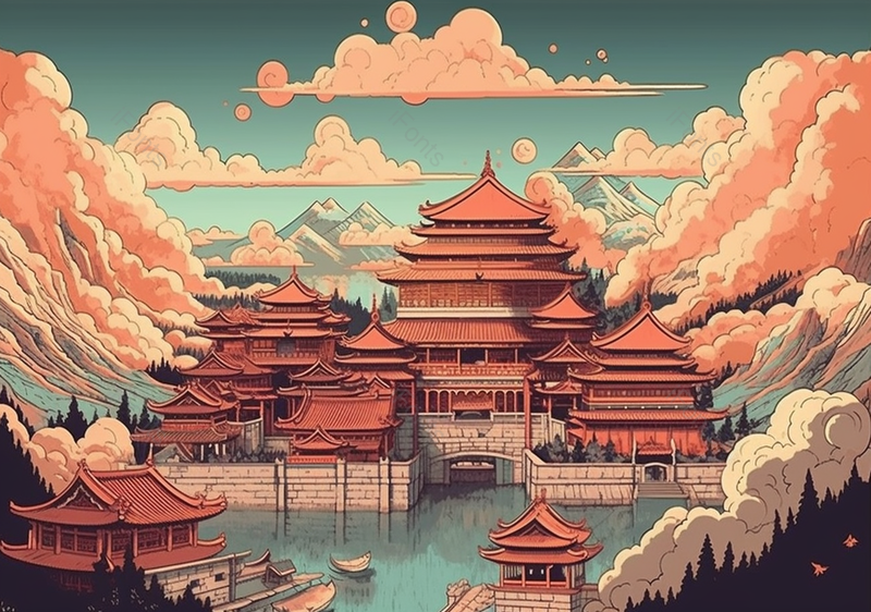 山丘中的水上宫殿全景复古中国风背景,插画/手绘图,插画/手绘图库,插画/手绘图下载,插画/手绘